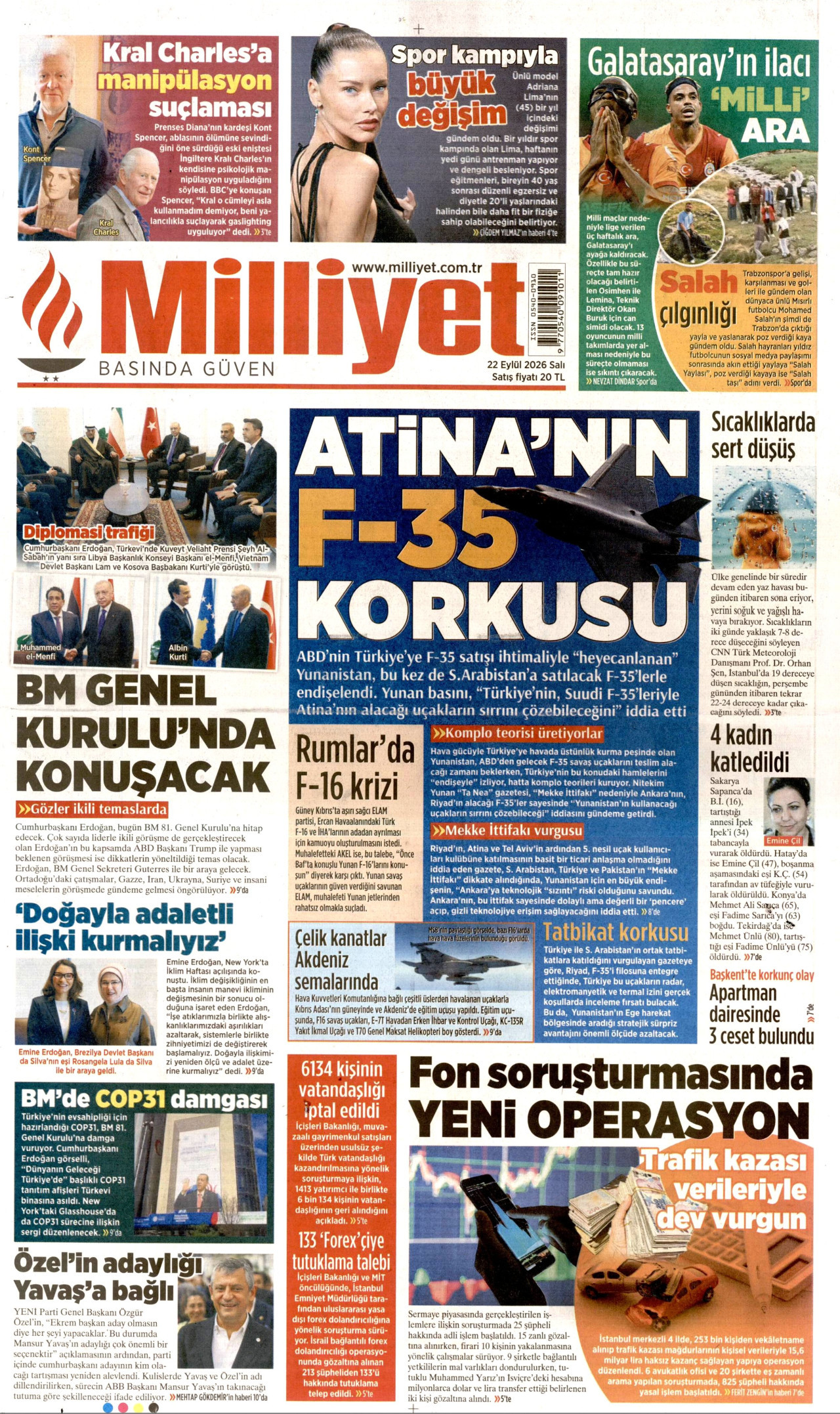 MİLLİYET gazetesinin 22 Eylül 2026 tarihli birinci sayfası