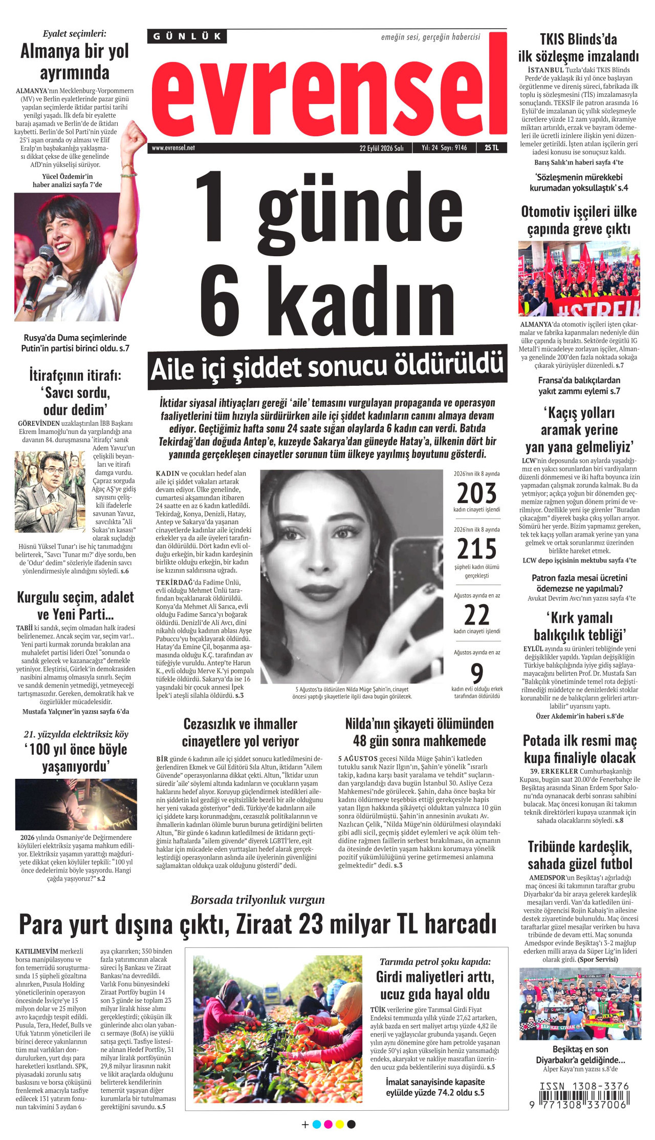 EVRENSEL gazetesinin 22 Eylül 2026 tarihli birinci sayfası