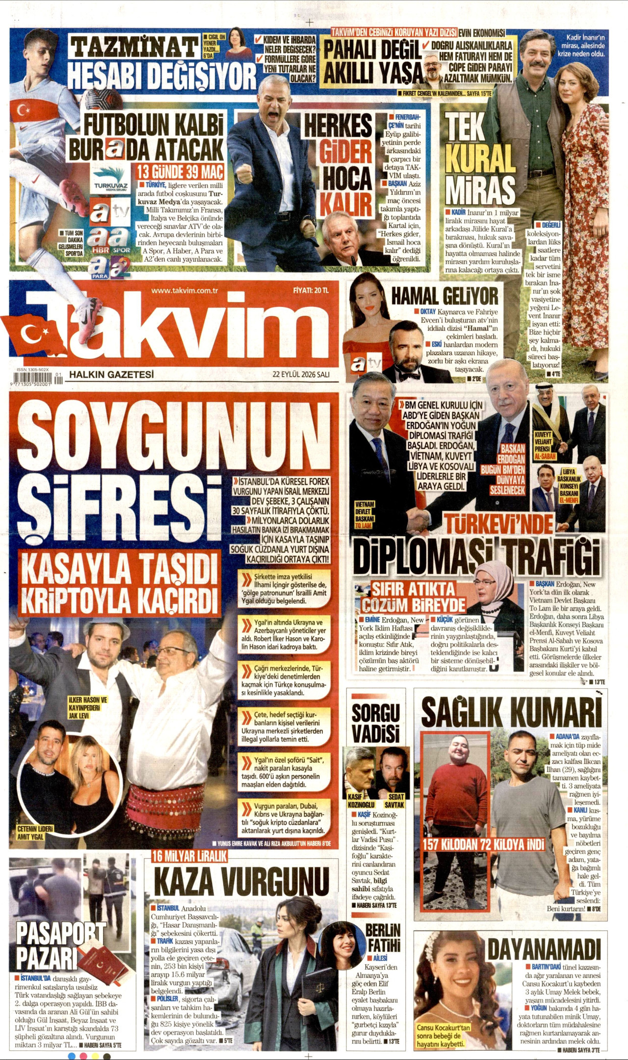 TAKVİM gazetesinin 22 Eylül 2026 tarihli birinci sayfası