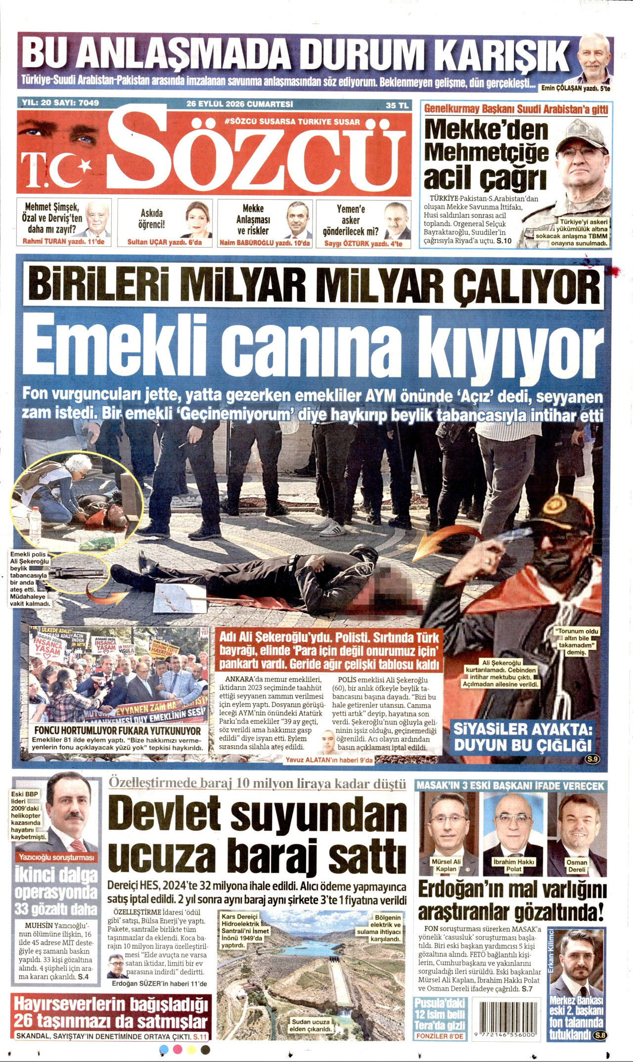 SÖZCÜ gazetesinin 26 Eylül 2026 tarihli birinci sayfası