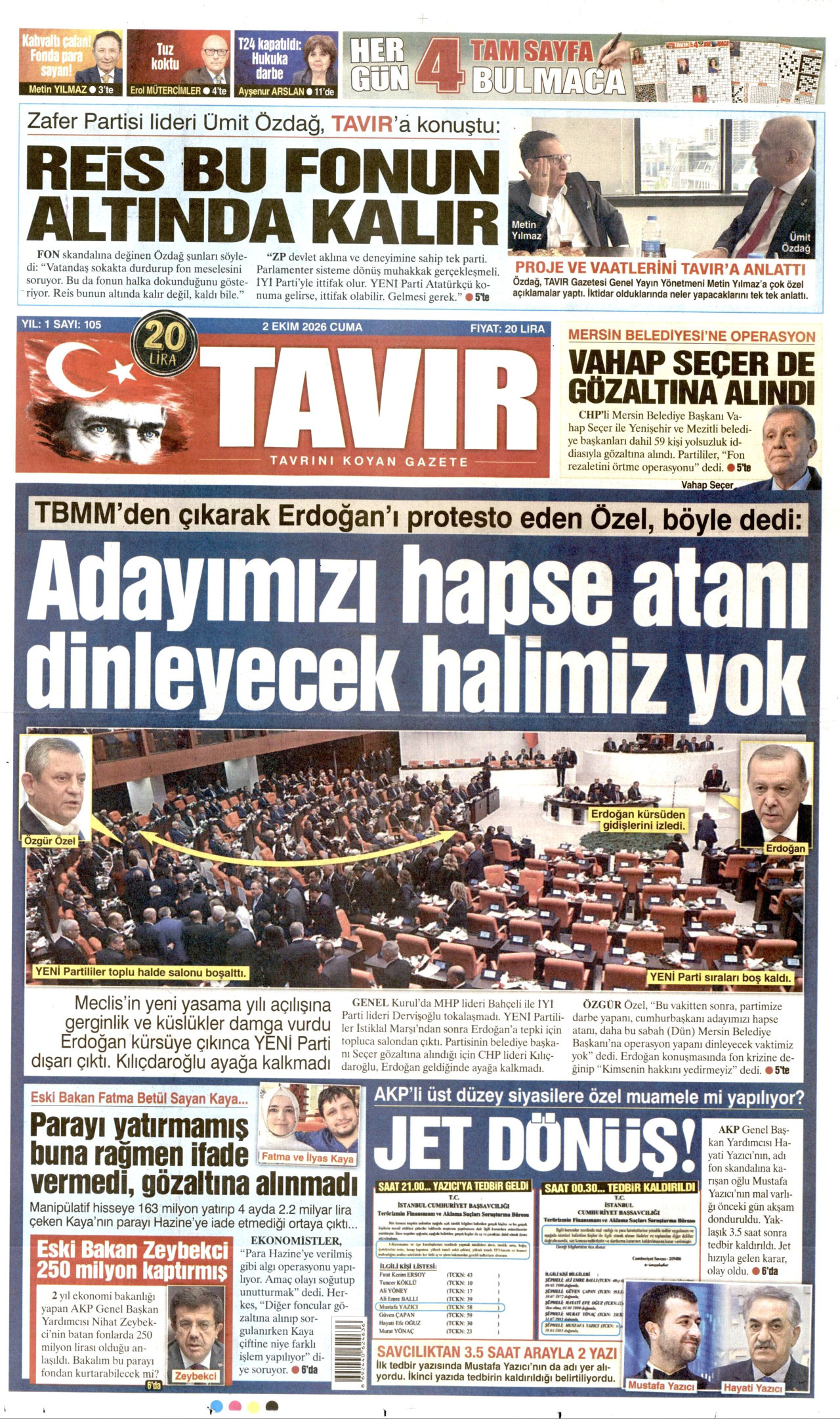 TAVIR GAZETESİ gazetesinin 2 Ekim 2026 tarihli birinci sayfası