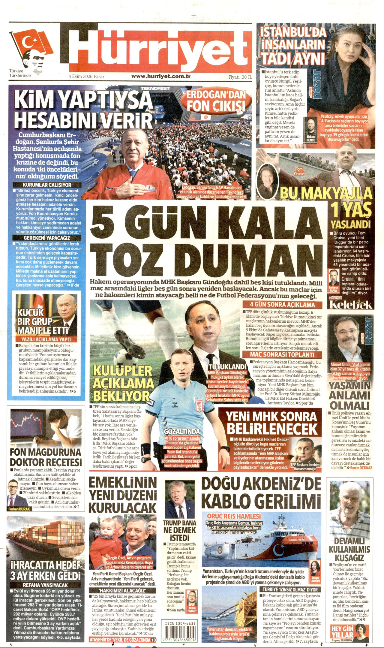 HÜRRİYET gazetesinin 4 Ekim 2026 tarihli birinci sayfası