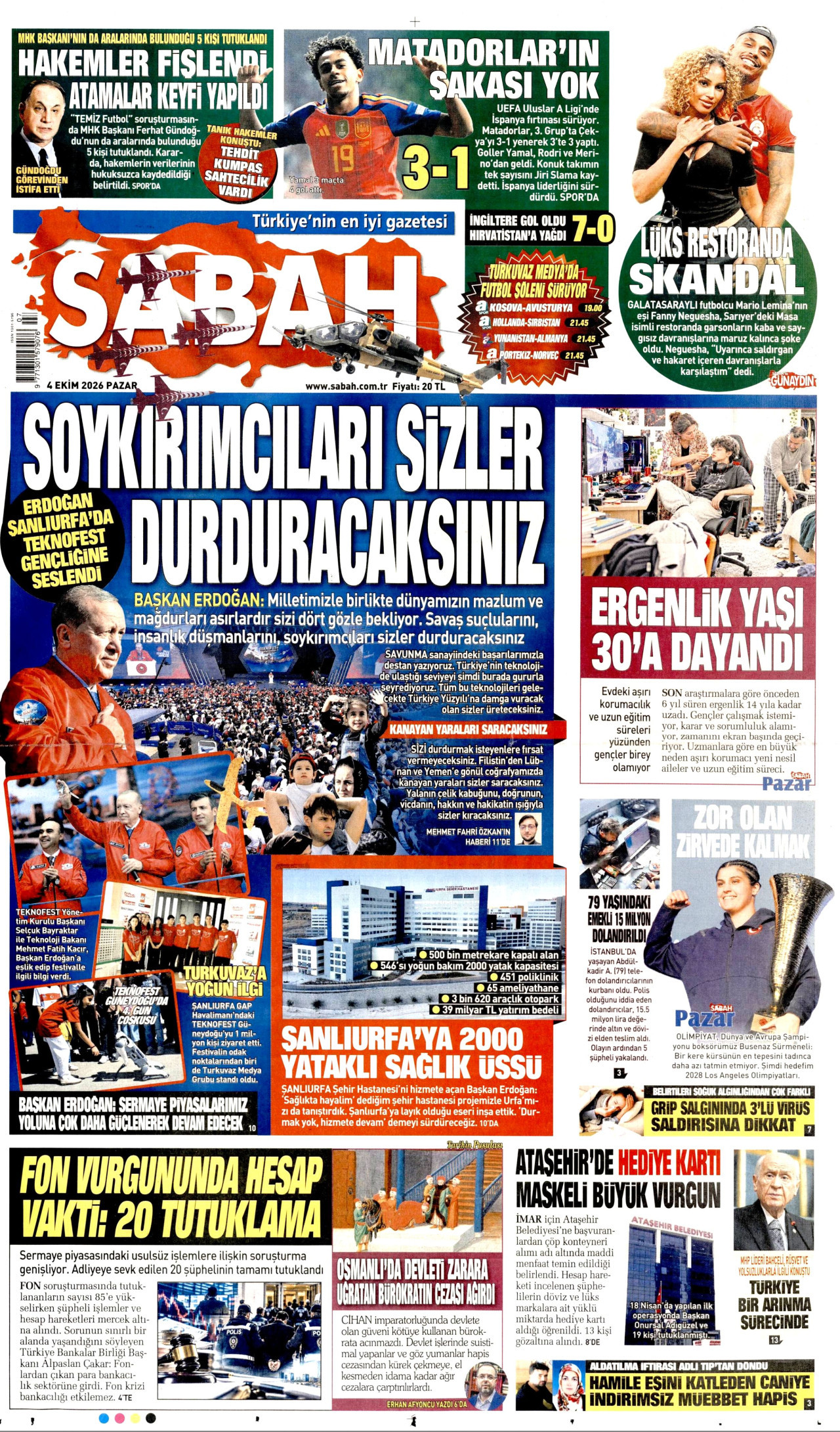 SABAH gazetesinin 4 Ekim 2026 tarihli birinci sayfası