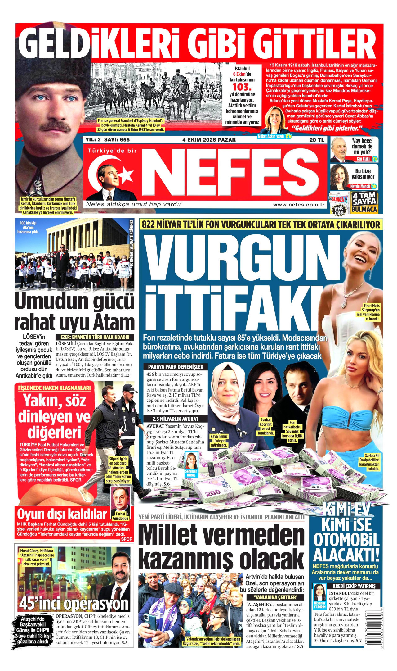 NEFES gazetesinin 4 Ekim 2026 tarihli birinci sayfası