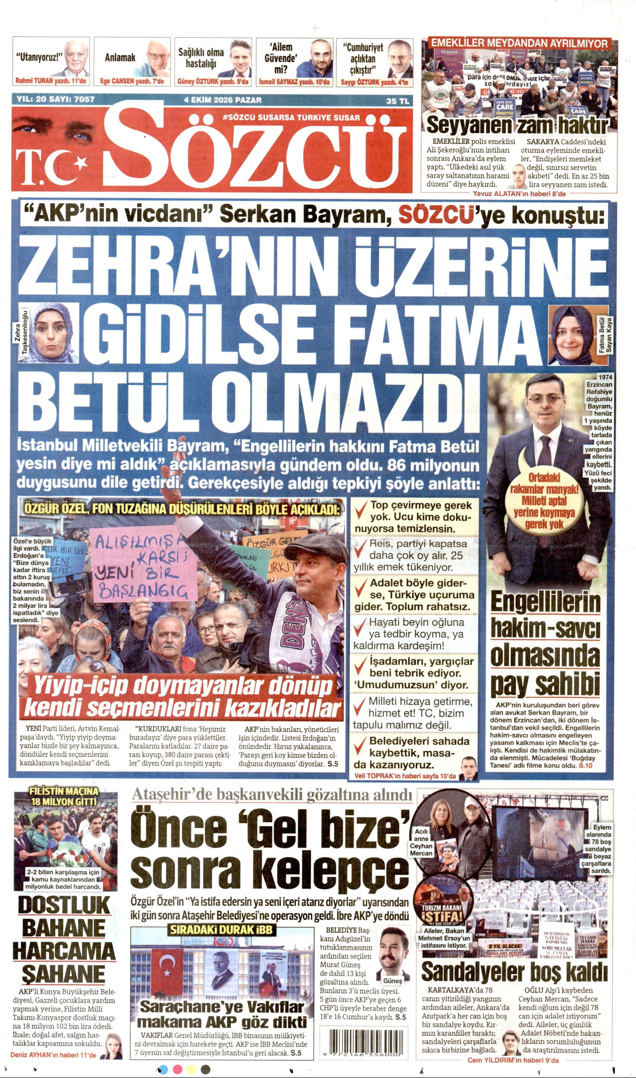 SÖZCÜ gazetesinin 4 Ekim 2026 tarihli birinci sayfası