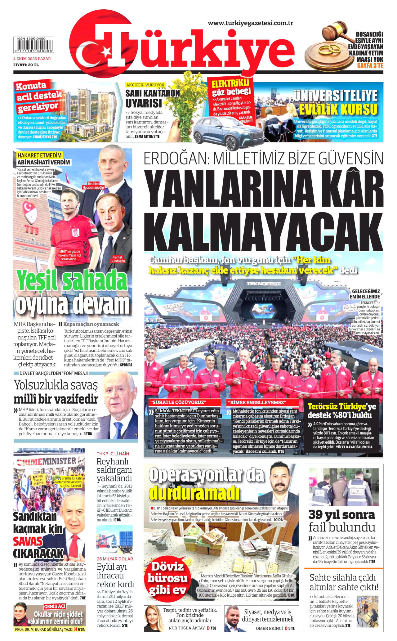 TÜRKİYE GAZETESİ gazetesinin 4 Ekim 2026 tarihli birinci sayfası