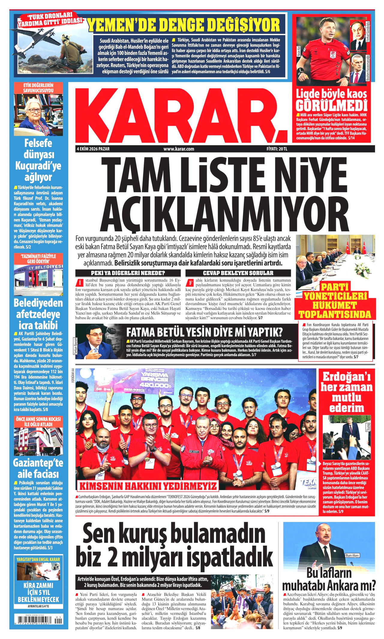 KARAR gazetesinin 4 Ekim 2026 tarihli birinci sayfası
