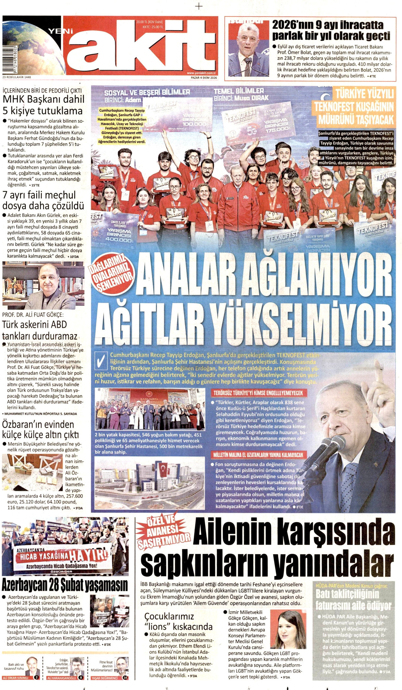 YENİ AKİT gazetesinin 4 Ekim 2026 tarihli birinci sayfası