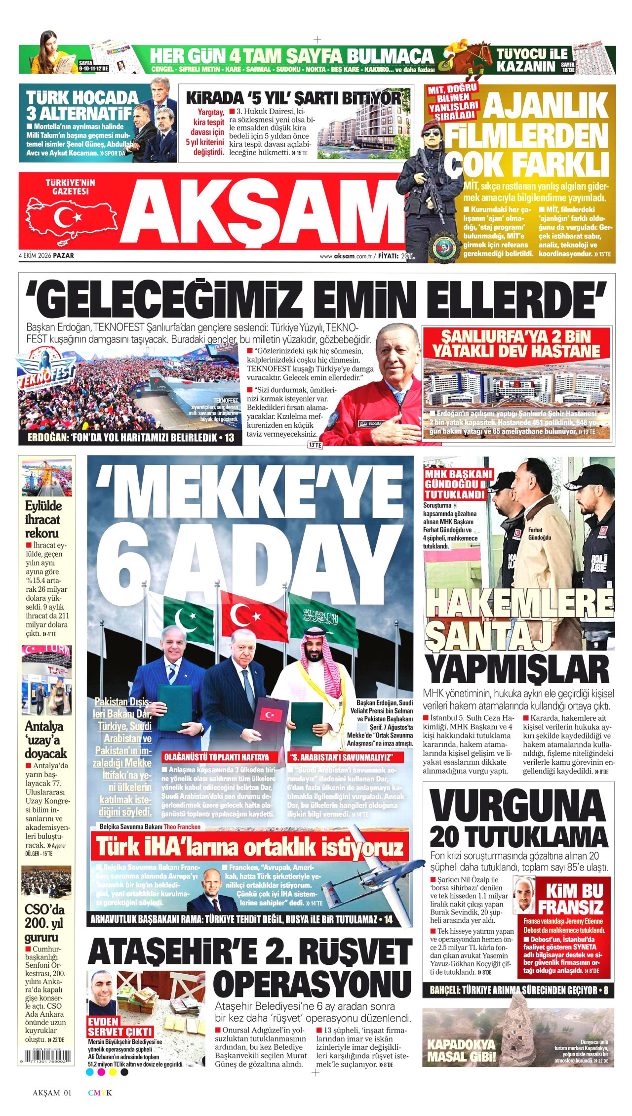 AKŞAM gazetesinin 4 Ekim 2026 tarihli birinci sayfası