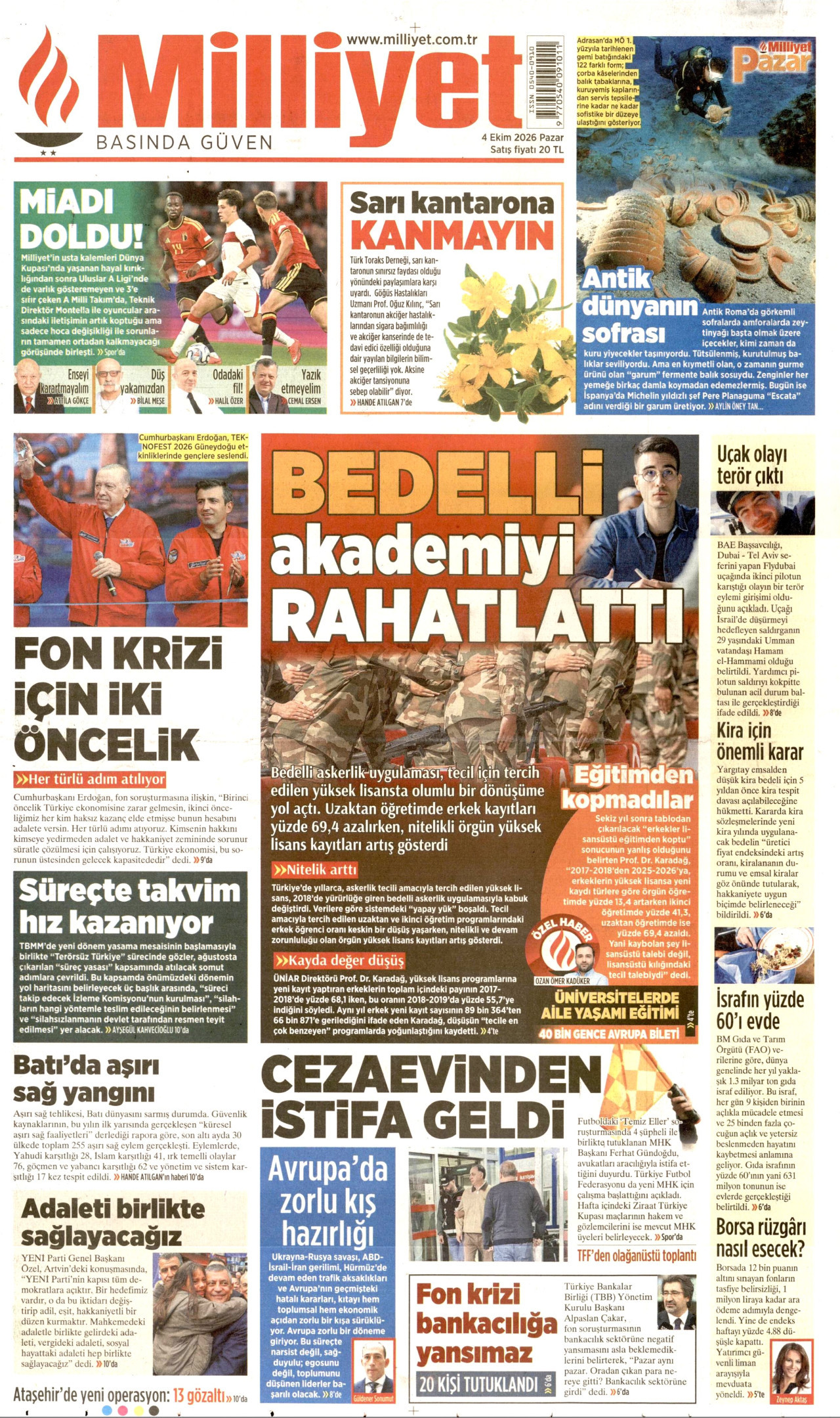 MİLLİYET gazetesinin 4 Ekim 2026 tarihli birinci sayfası