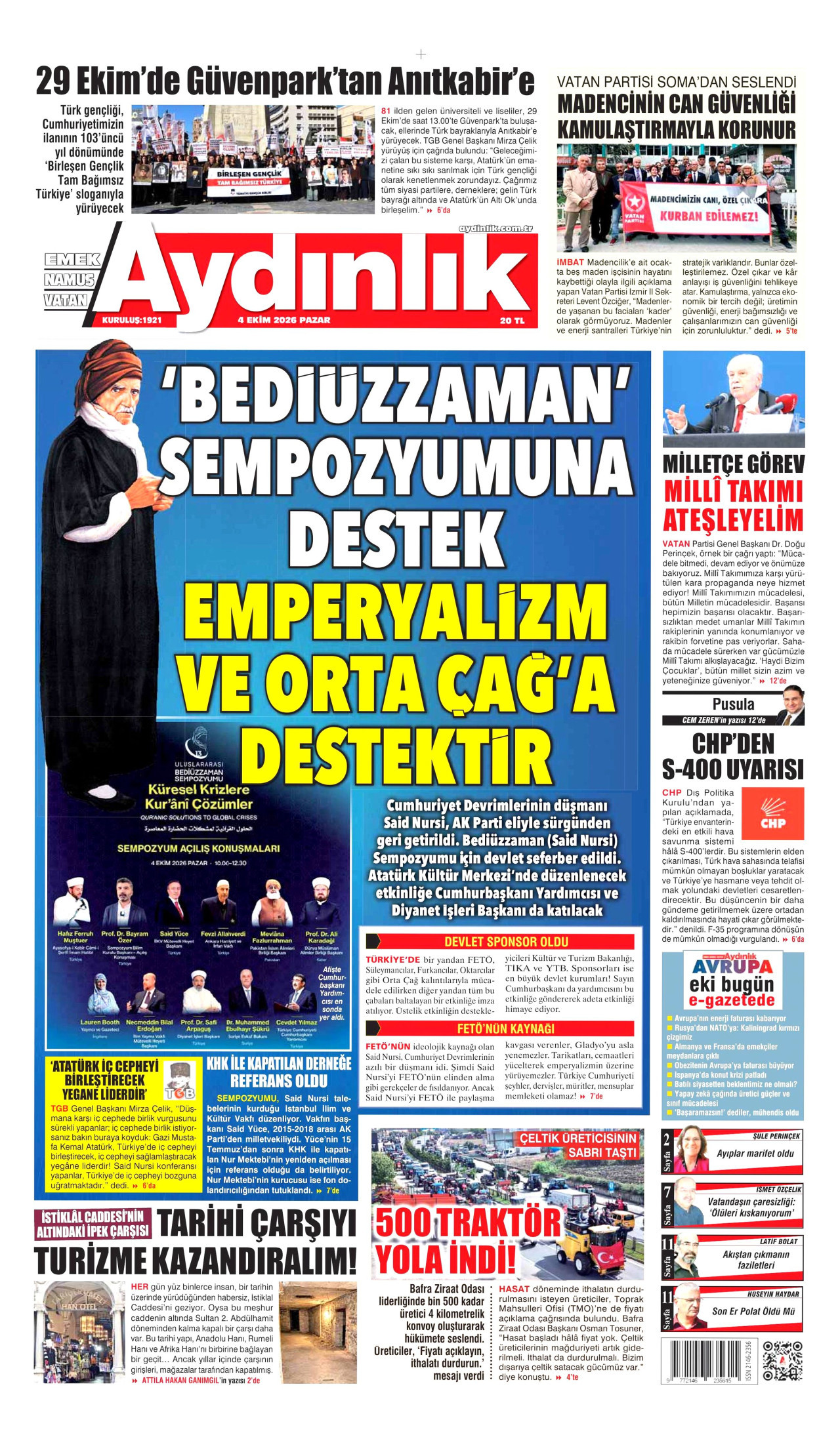 AYDINLIK GAZETESİ gazetesinin 4 Ekim 2026 tarihli birinci sayfası