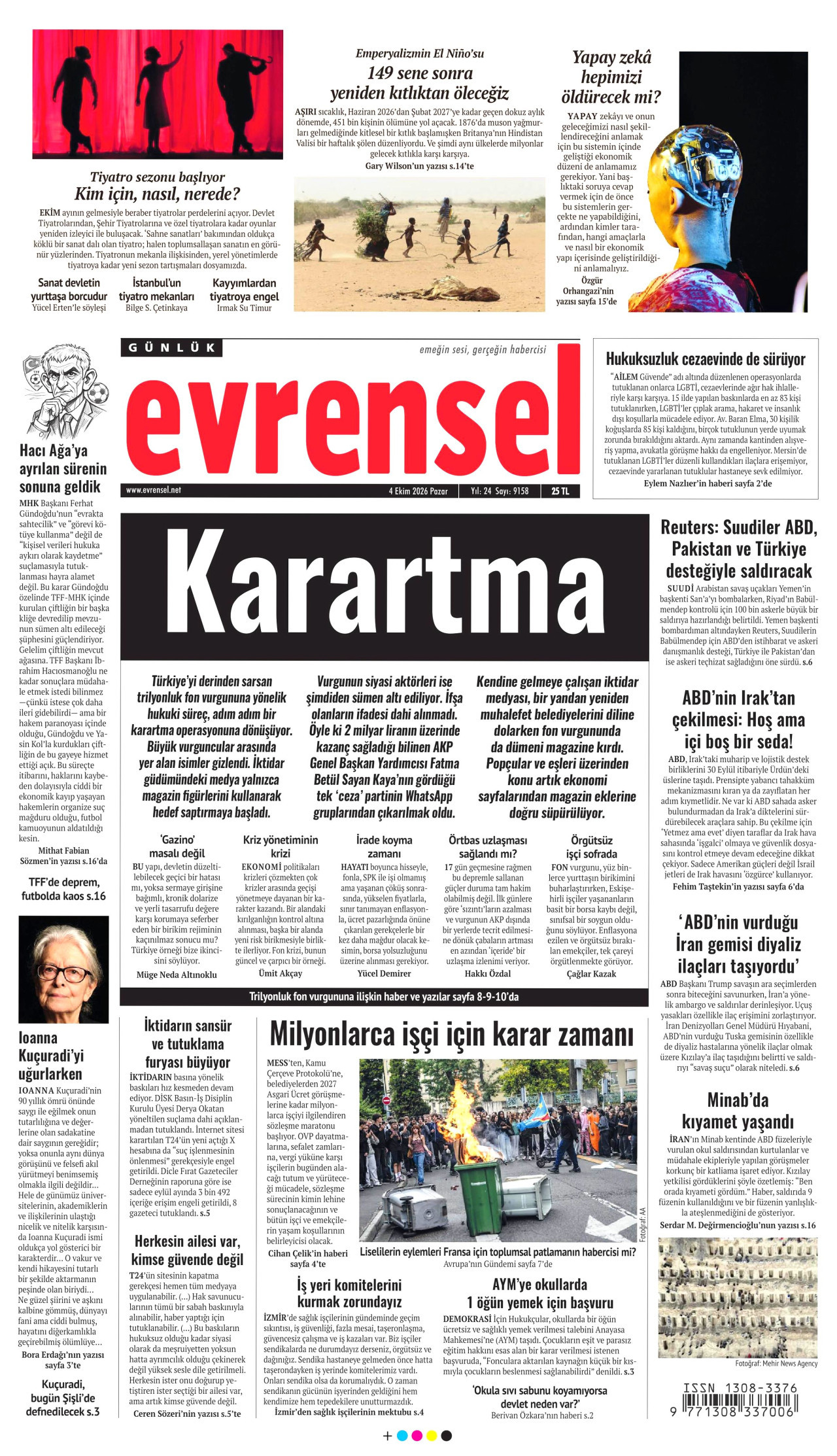 EVRENSEL gazetesinin 4 Ekim 2026 tarihli birinci sayfası