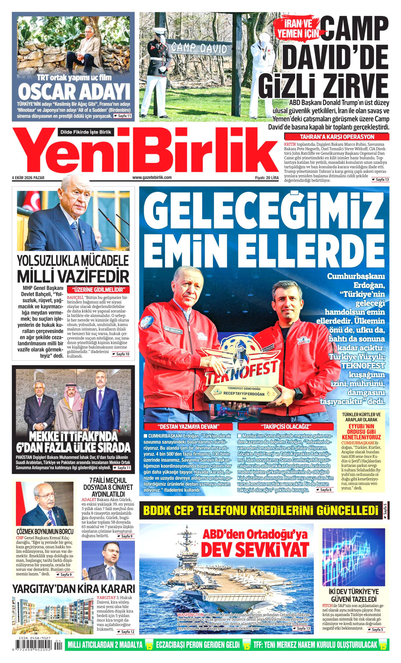 YENİBİRLİK gazetesinin 4 Ekim 2026 tarihli birinci sayfası