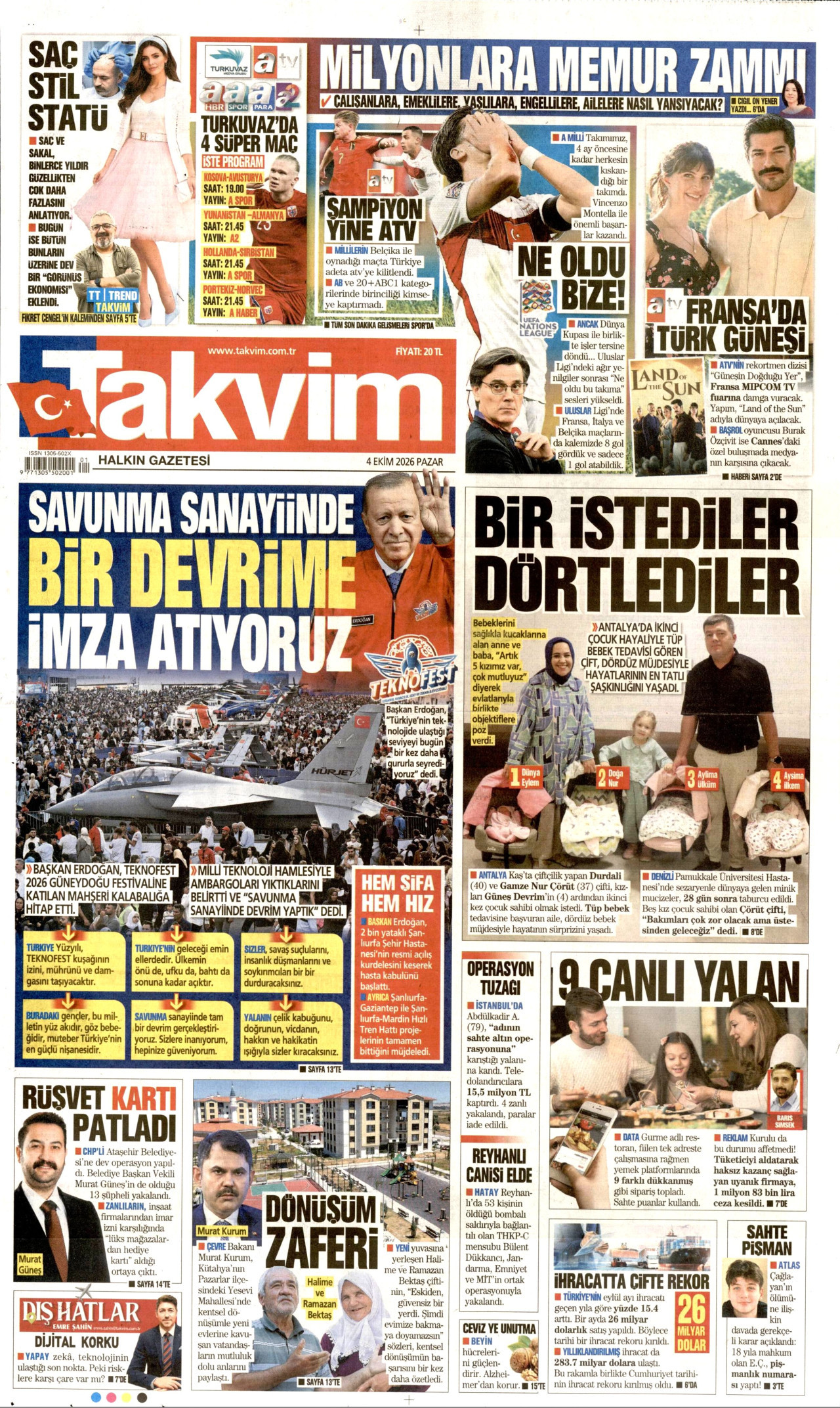 TAKVİM gazetesinin 4 Ekim 2026 tarihli birinci sayfası