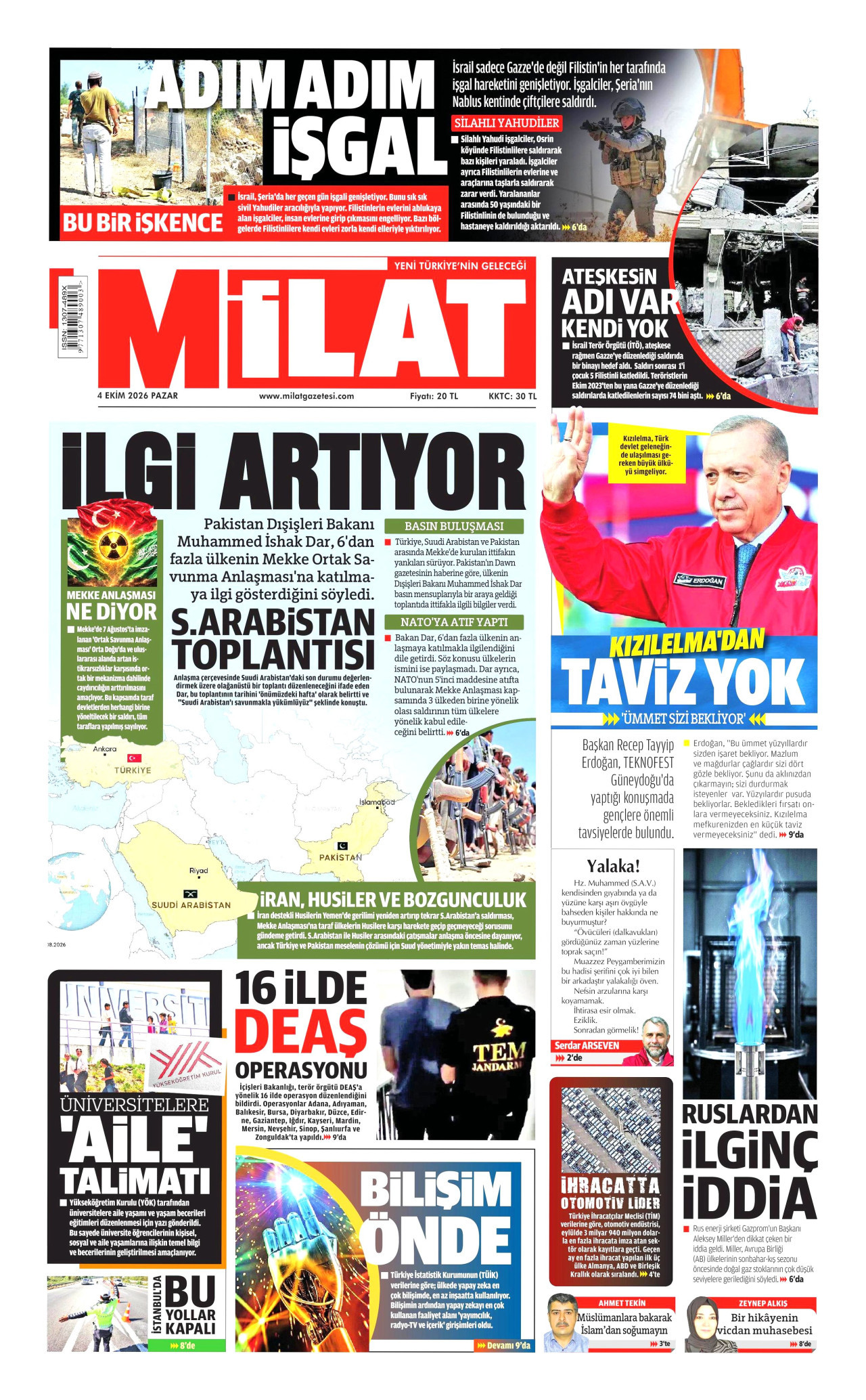 MİLAT gazetesinin 4 Ekim 2026 tarihli birinci sayfası