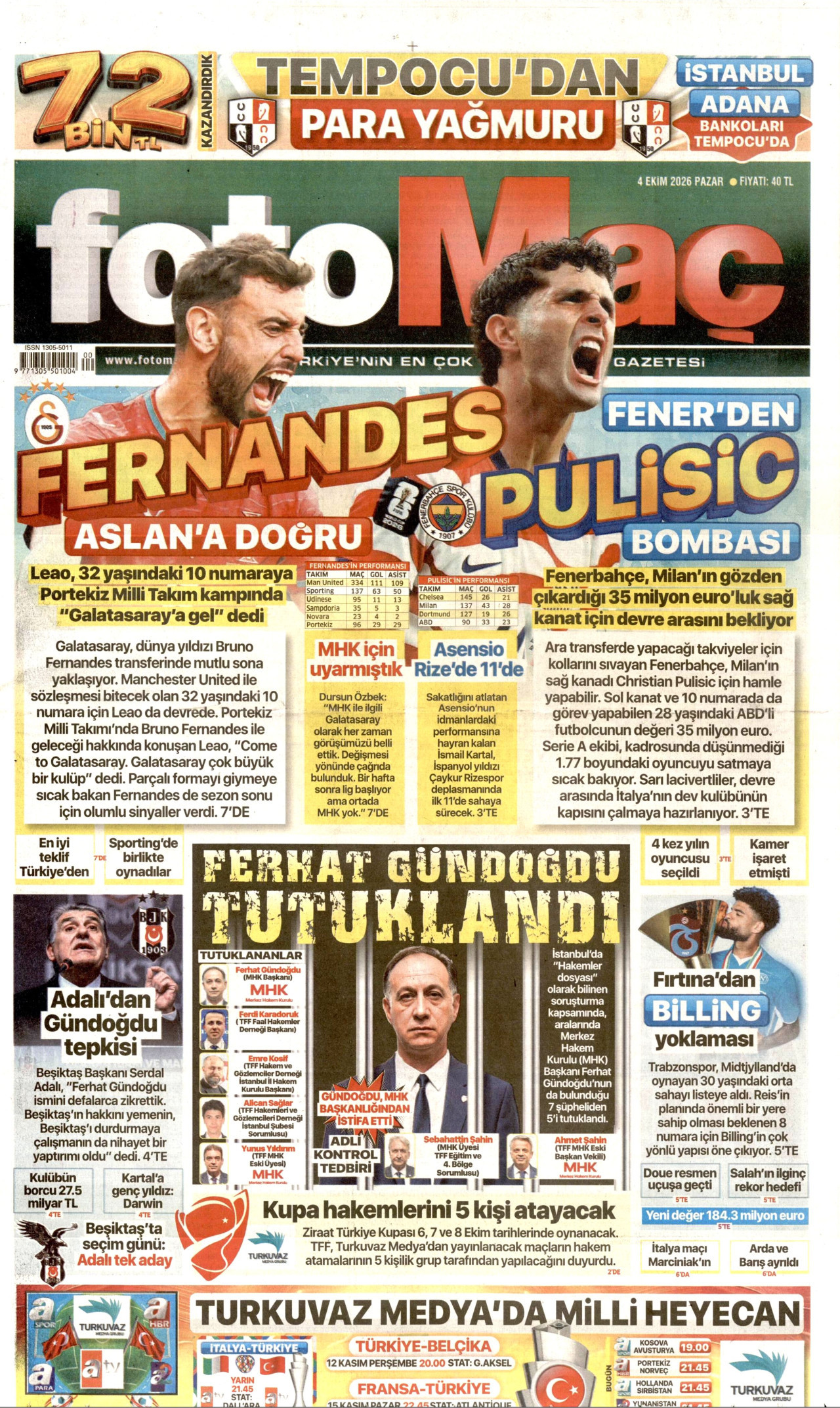 FOTOMAÇ gazetesinin 4 Ekim 2026 tarihli birinci sayfası