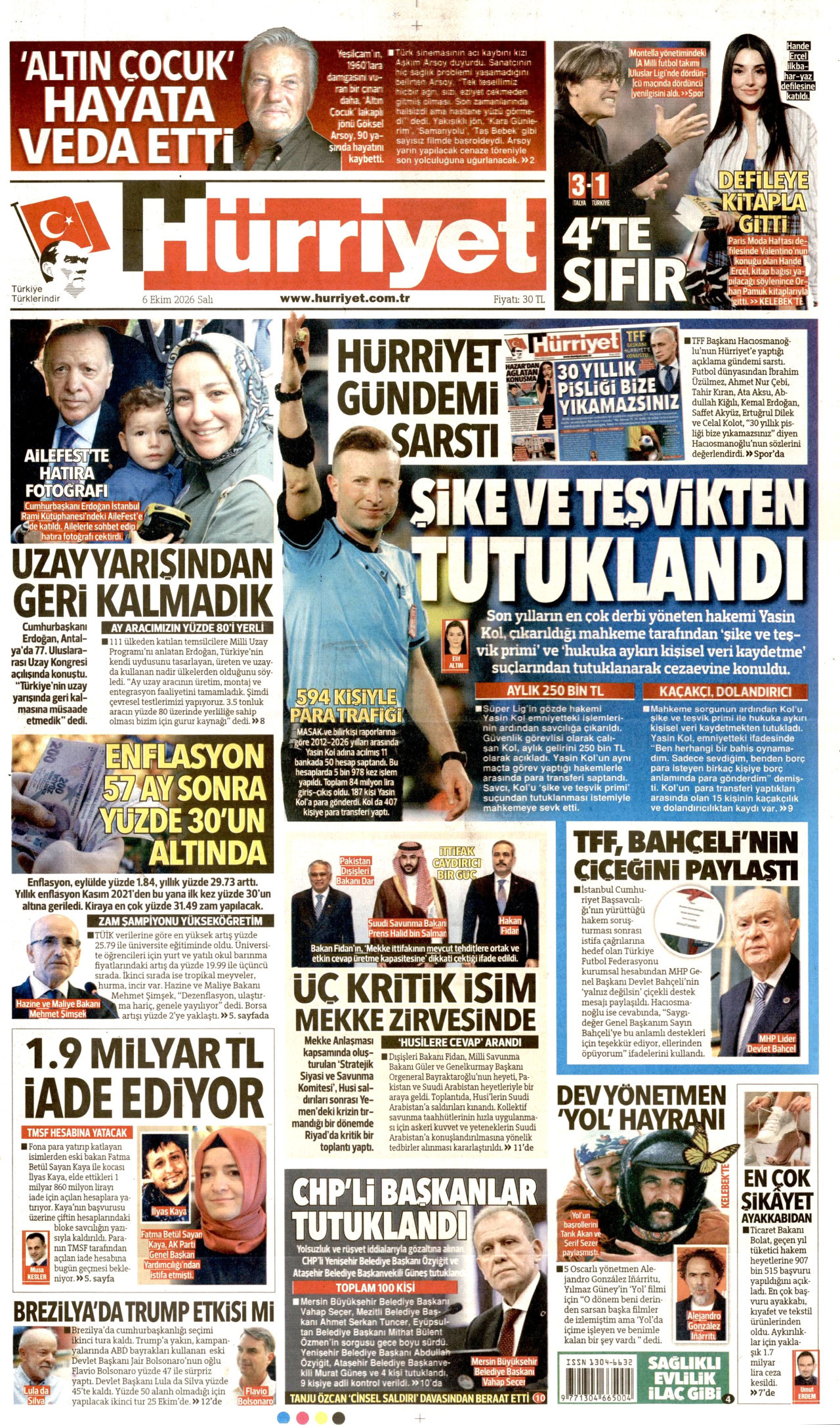 HÜRRİYET gazetesinin 6 Ekim 2026 tarihli birinci sayfası