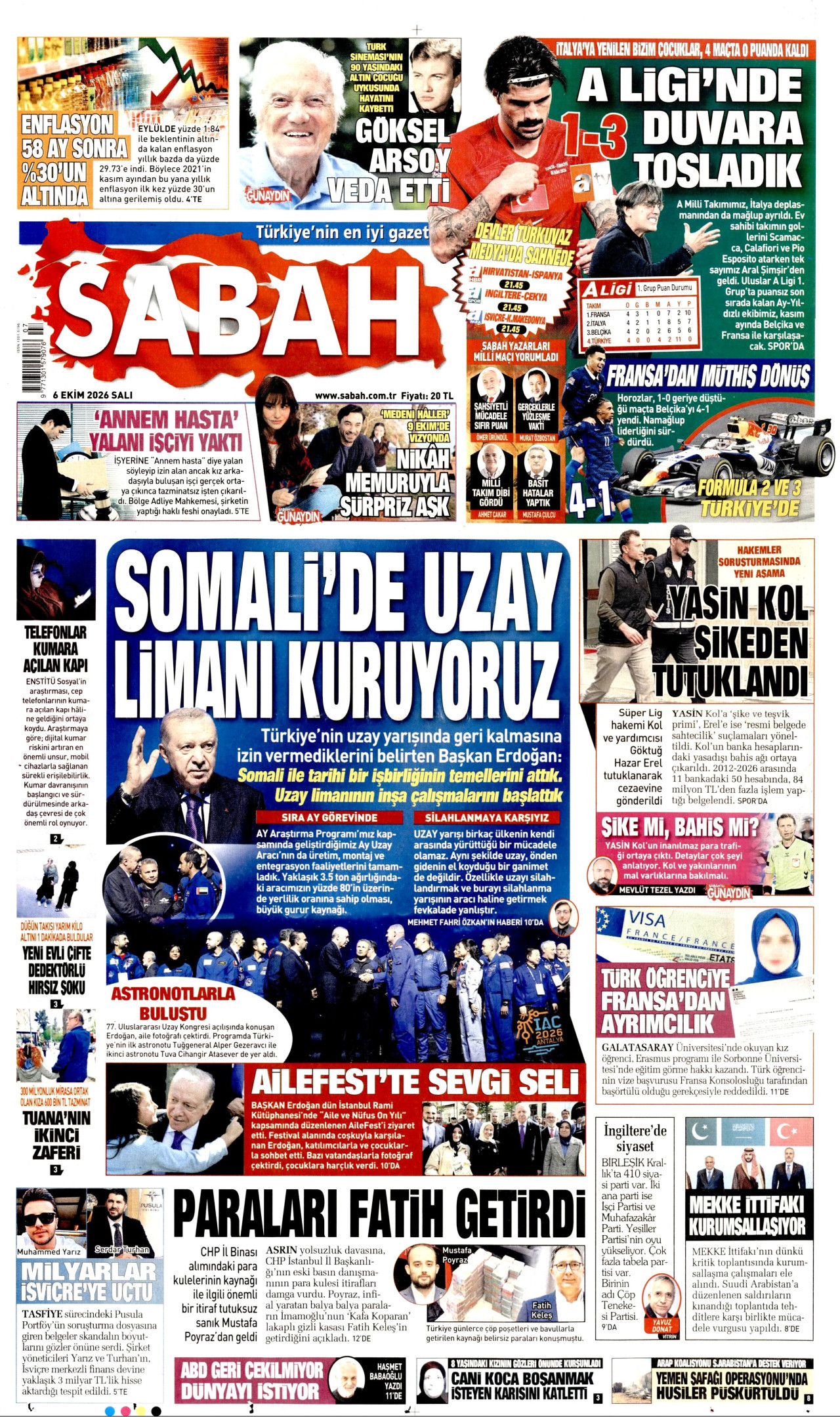 SABAH gazetesinin 6 Ekim 2026 tarihli birinci sayfası