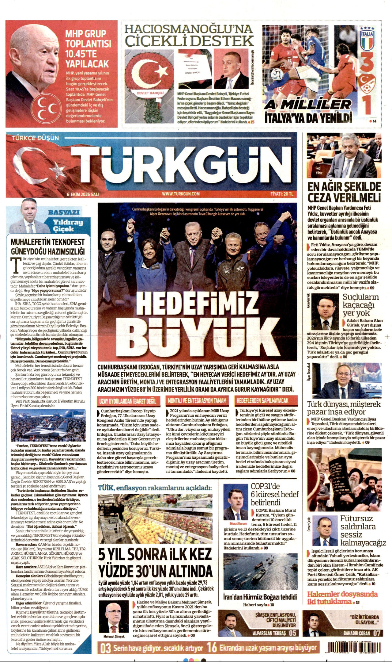 TÜRKGÜN gazetesinin 6 Ekim 2026 tarihli birinci sayfası