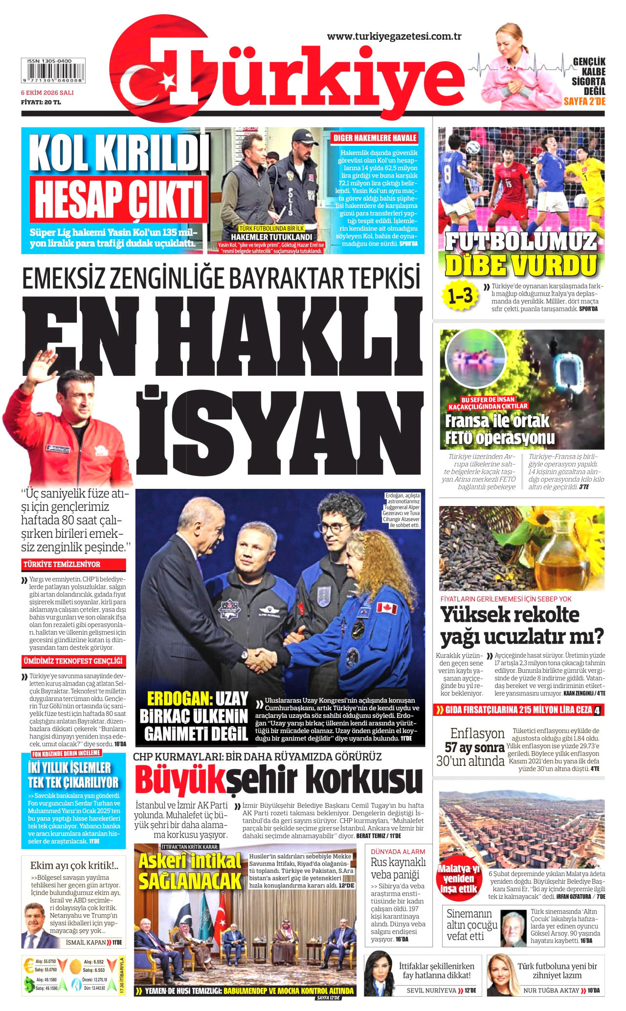 TÜRKİYE GAZETESİ gazetesinin 6 Ekim 2026 tarihli birinci sayfası