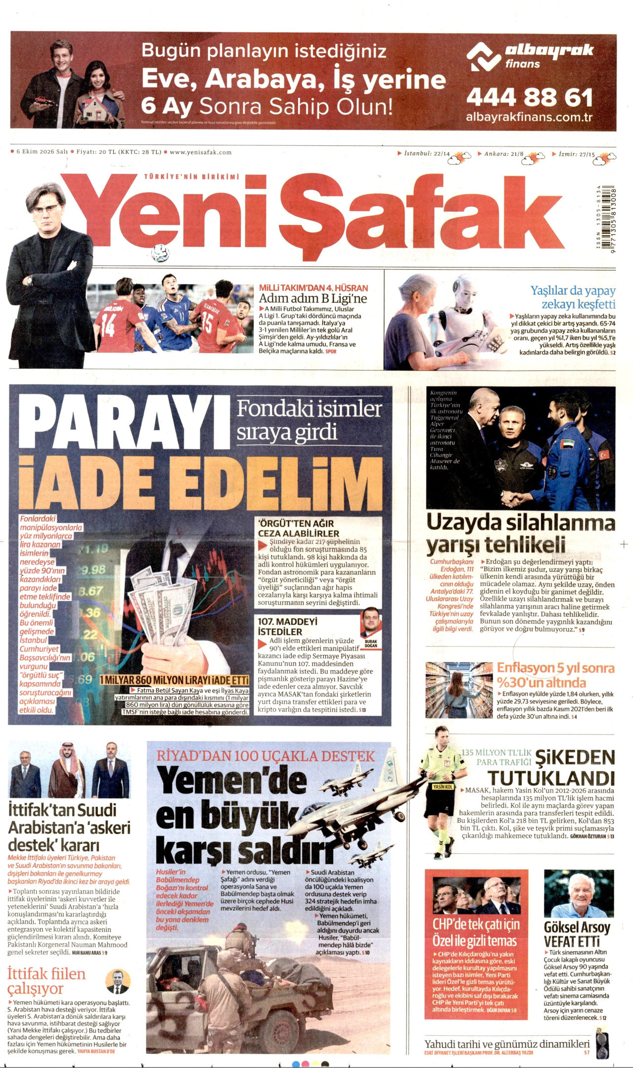 YENİ ŞAFAK gazetesinin 6 Ekim 2026 tarihli birinci sayfası