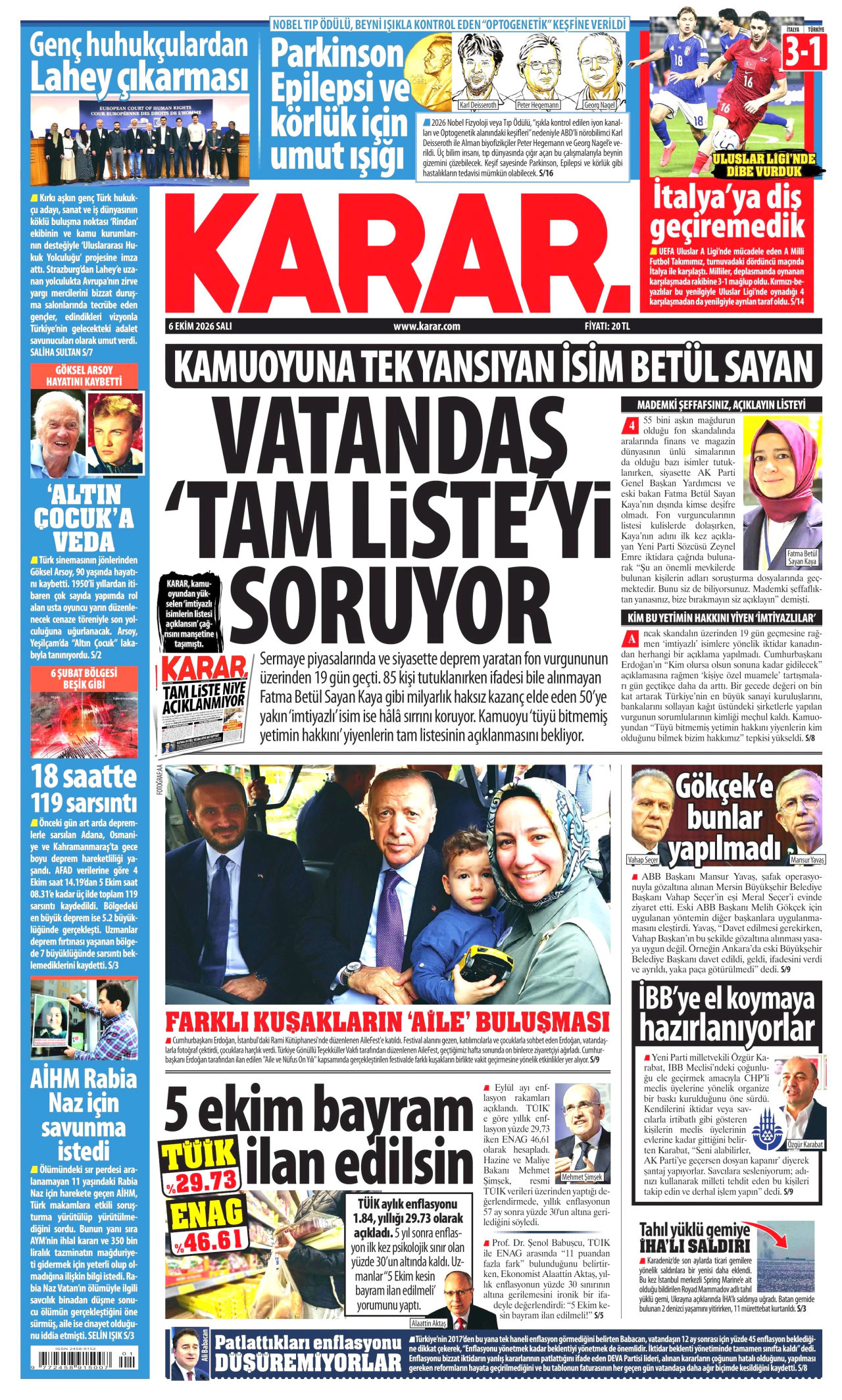 KARAR gazetesinin 6 Ekim 2026 tarihli birinci sayfası