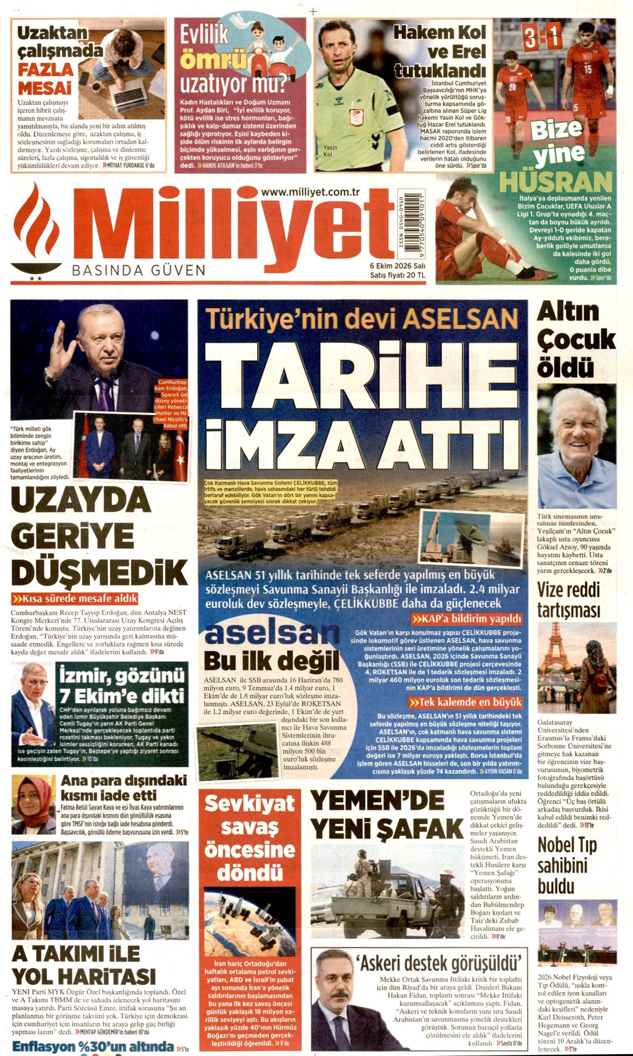 MİLLİYET gazetesinin 6 Ekim 2026 tarihli birinci sayfası