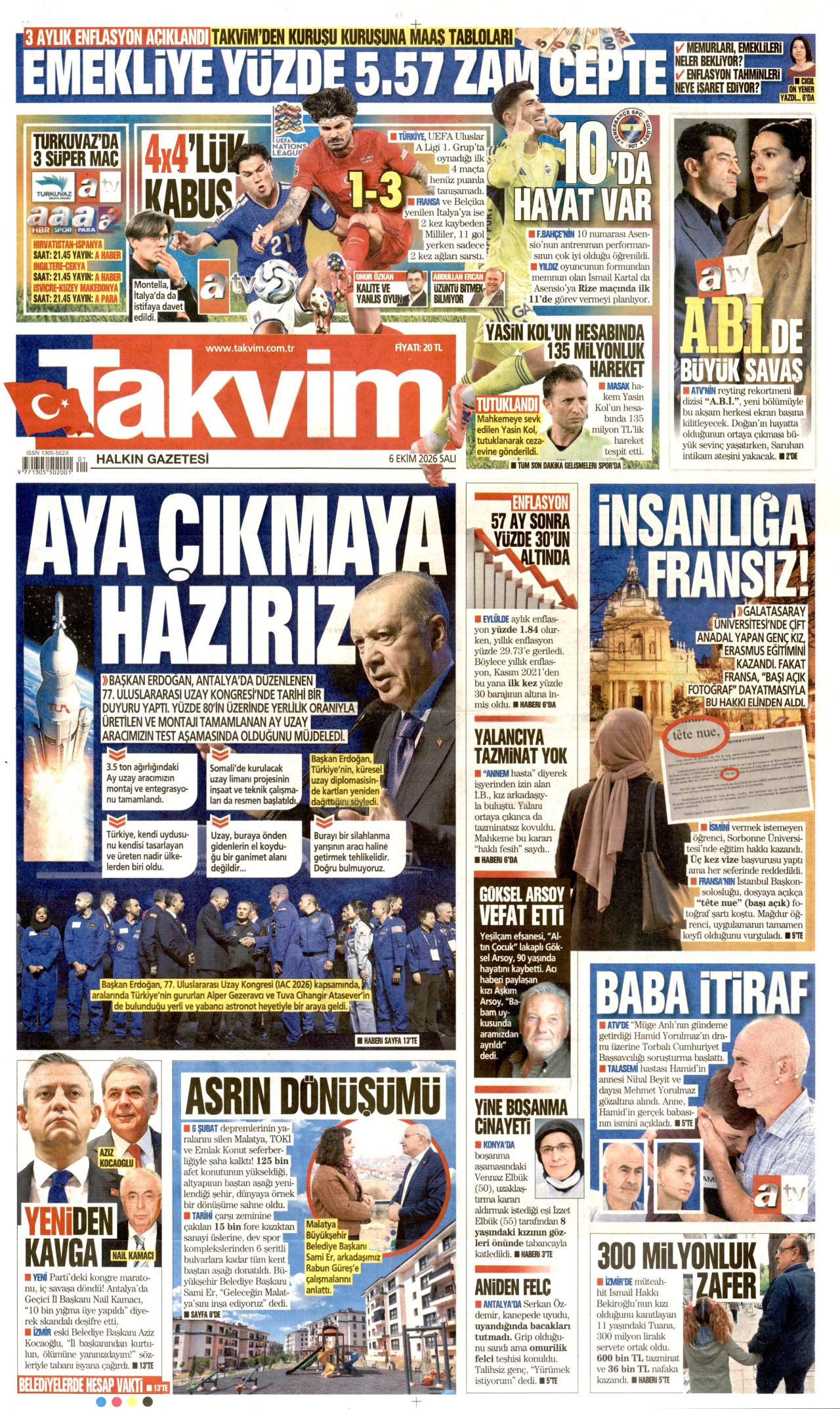 TAKVİM gazetesinin 6 Ekim 2026 tarihli birinci sayfası