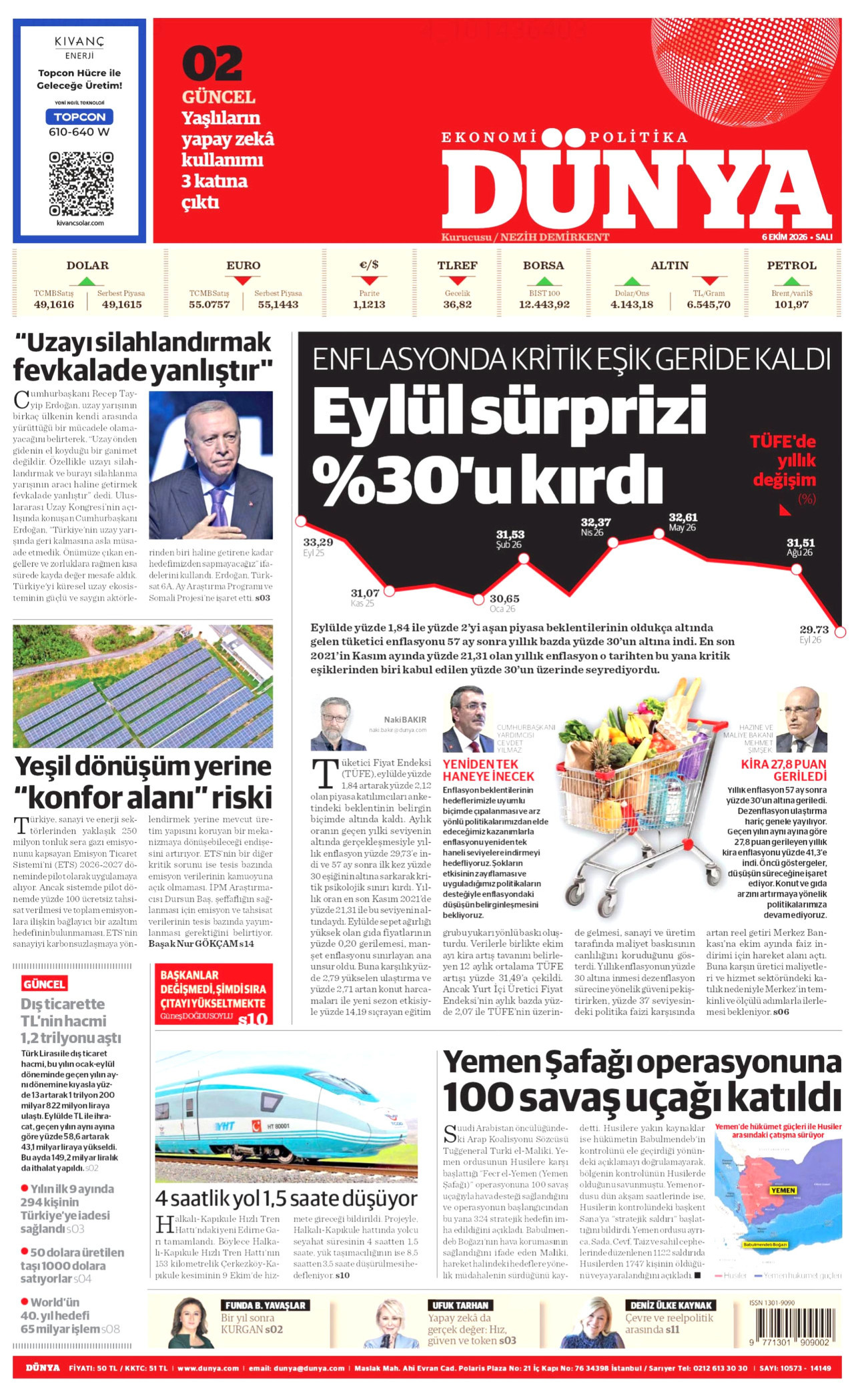 DÜNYA gazetesinin 6 Ekim 2026 tarihli birinci sayfası