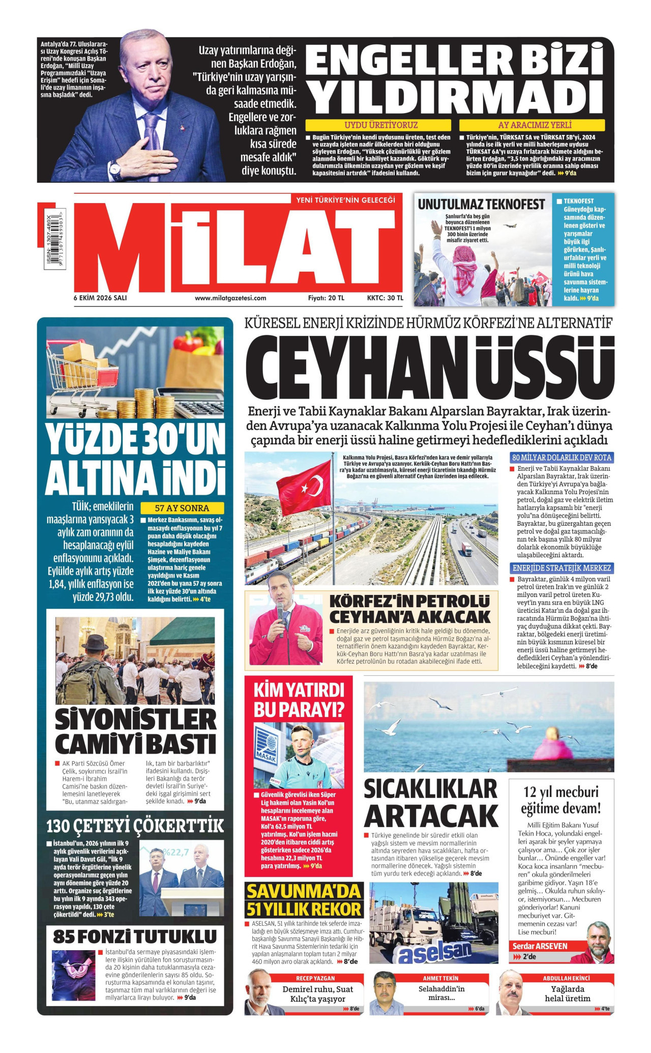 MİLAT gazetesinin 6 Ekim 2026 tarihli birinci sayfası