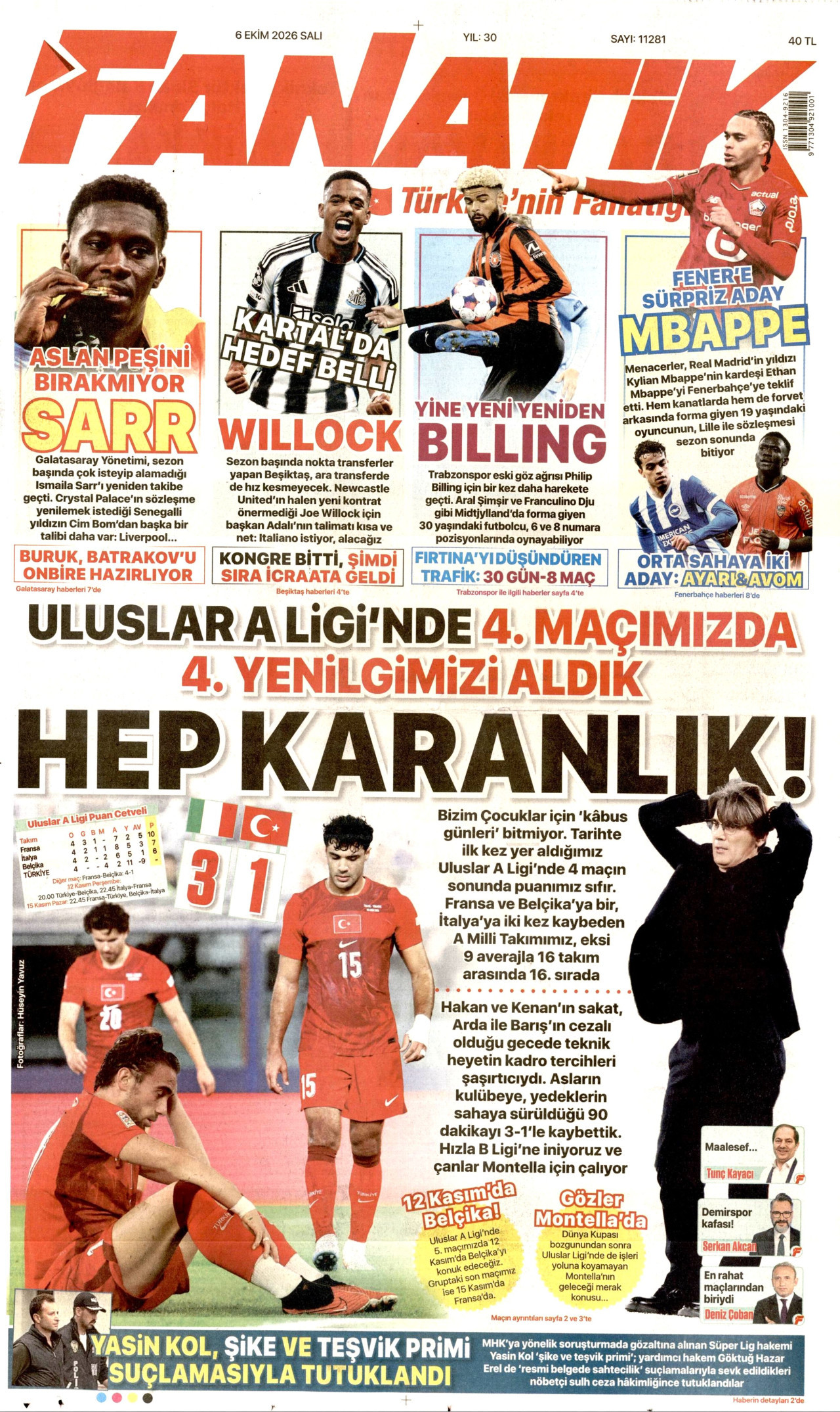 FANATİK gazetesinin 6 Ekim 2026 tarihli birinci sayfası