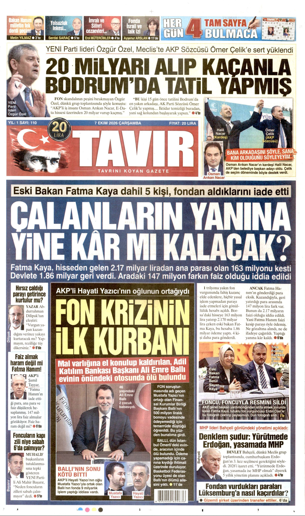 TAVIR GAZETESİ gazetesinin 7 Ekim 2026 tarihli birinci sayfası