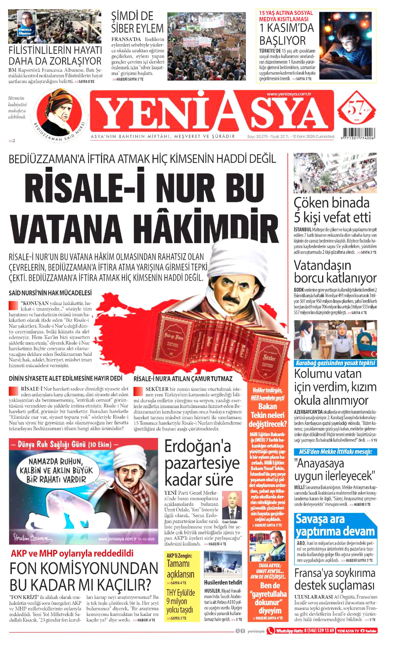 YENİ ASYA gazetesinin 10 Ekim 2026 tarihli birinci sayfası